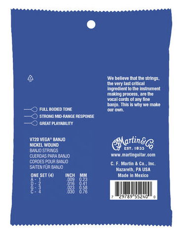 Martin V720 Tenor Vega Banjo Strings Four String Banjo Set 9 to 30