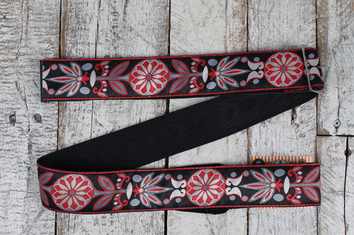 Henry Heller 2 Inch Vintage Deluxe Jacquard Guitar Strap with Premium Leather Ends Red Blossom