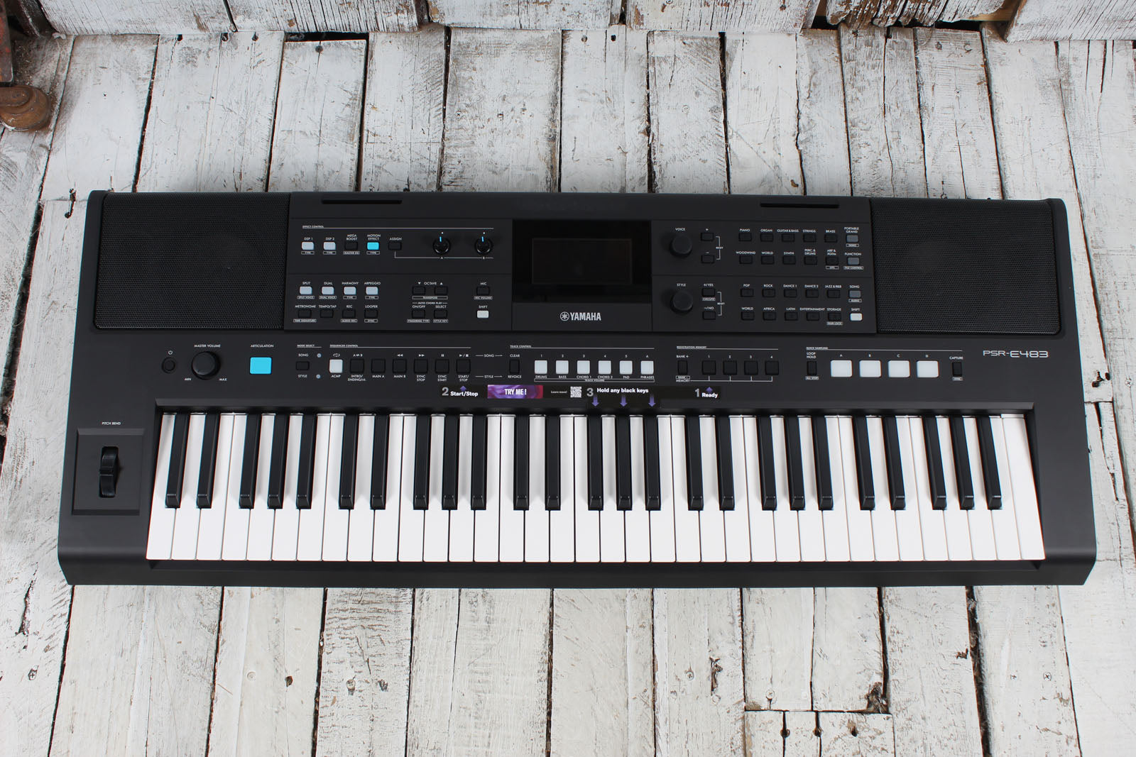 Yamaha PSR-E483 61 Key Portable Keyboard with Power Supply and Music Rest Main image
