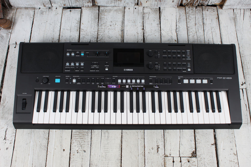 Yamaha PSR-E483 61 Key Portable Keyboard with Power Supply and Music Rest