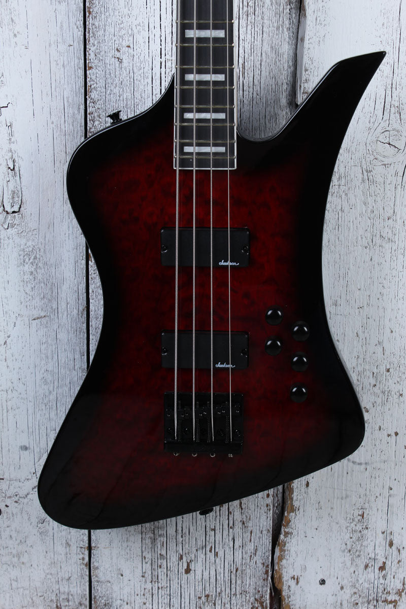 Jackson 2024 Kelly Bird JS3Q 4 String Electric Bass Guitar Transparent Red Burst