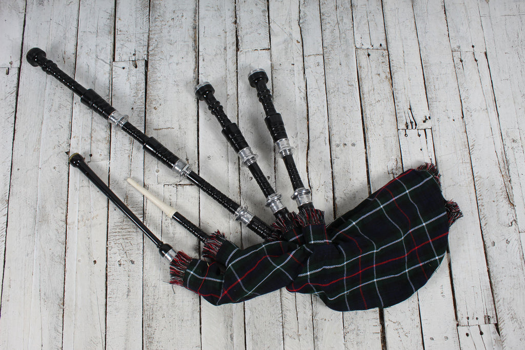 Scottish Highland Royal Bagpipes Silver Mounts Black Finish with Bag and Tutor Book