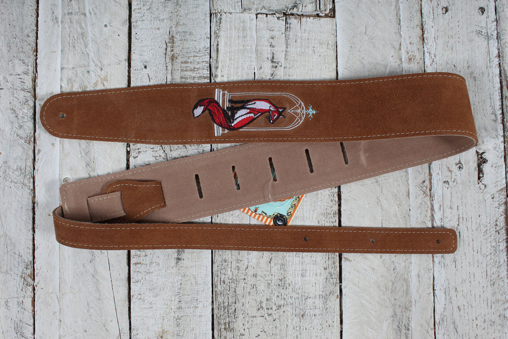 Henry Heller HBS25-BRNFOX 2.5 Inch Guitar Strap Capri Suede Brown with Fox Embroidery