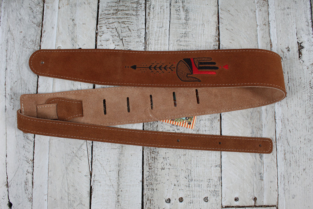 Henry Heller HBS25-BRNHND 2.5 Inch Capri Suede Guitar Strap Brown with Hand Embroidery