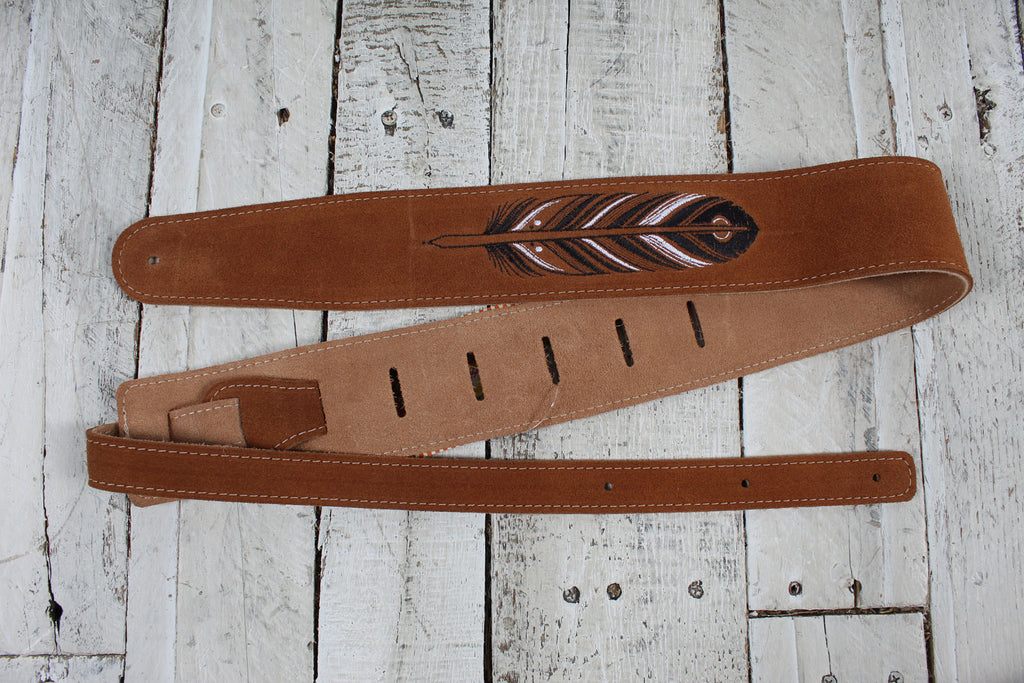 Henry Heller HBS25-BRNFEA  2.5 Inch Guitar Strap Capri Suede Brown with Feather Embroidery