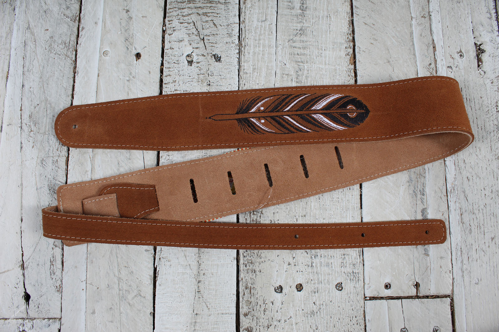 Henry Heller HBS25-BRNFEA  2.5 Inch Guitar Strap Capri Suede Brown with Feather Embroidery