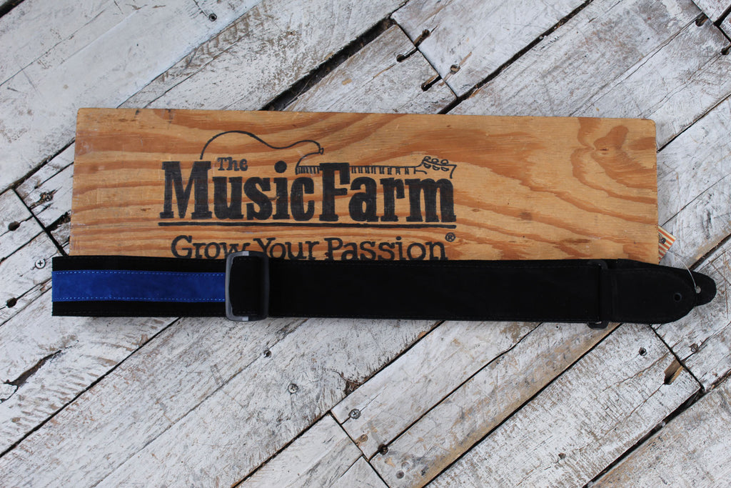 Henry Heller 2 Inch Wide Black with Blue Strip Suede Adjustable Guitar Strap