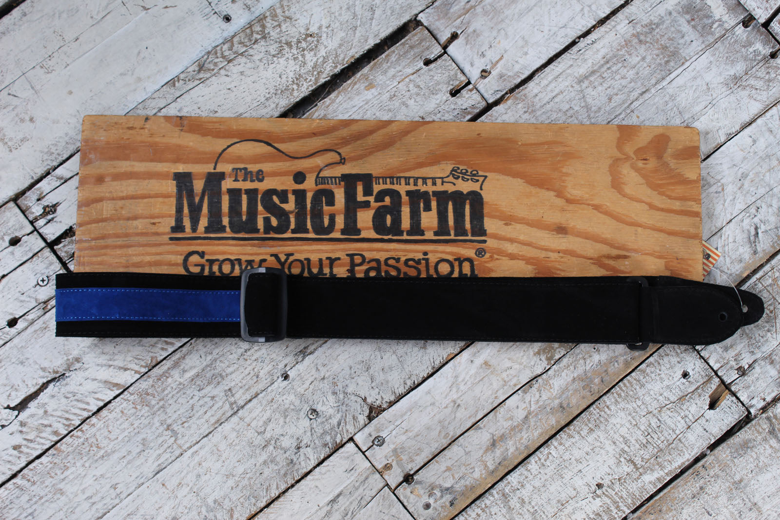 Henry Heller 2 Inch Wide Black with Blue Strip Suede Adjustable Guitar Strap