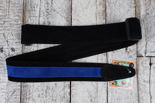Henry Heller 2 Inch Wide Black with Blue Strip Suede Adjustable Guitar Strap