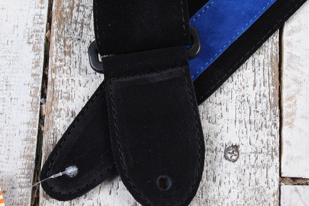 Henry Heller 2 Inch Wide Black with Blue Strip Suede Adjustable Guitar Strap