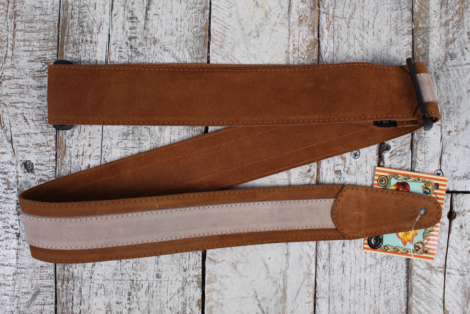 Henry Heller 2 Inch Wide Light Brown with Tan Strip Suede Adjustable Guitar Strap