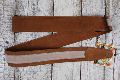 Henry Heller 2 Inch Wide Light Brown with Tan Strip Suede Adjustable Guitar Strap
