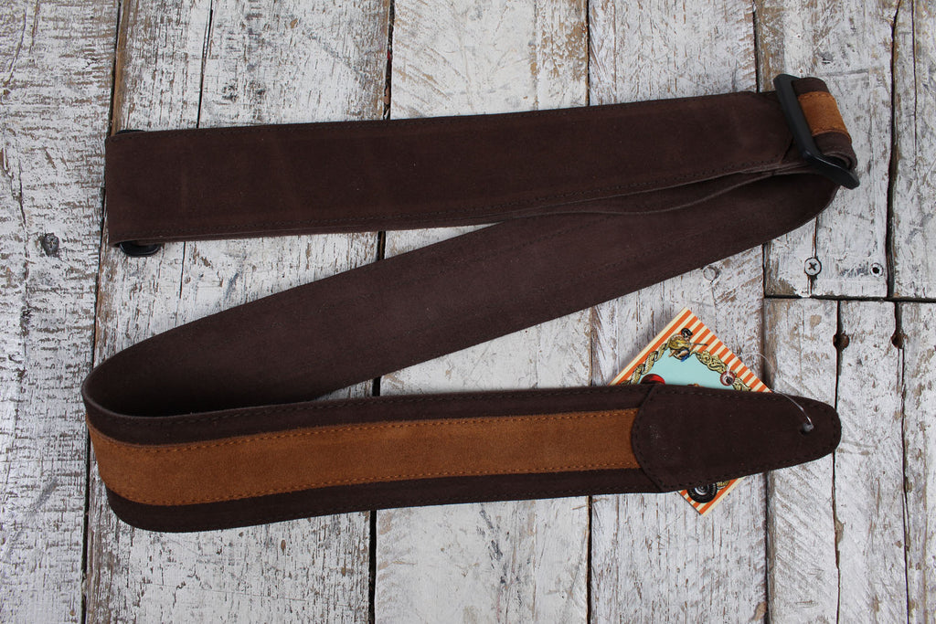 Henry Heller 2 Inch Wide Dark Brown with Light Brown Strip Suede Adjustable Guitar Strap