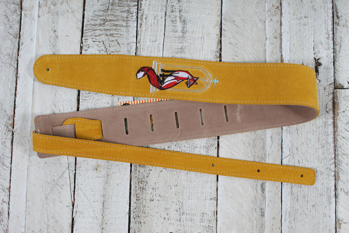Henry Heller HBS25-HNYFOX 2.5 Inch Capri Suede Guitar Strap Brown with Fox Embroidery