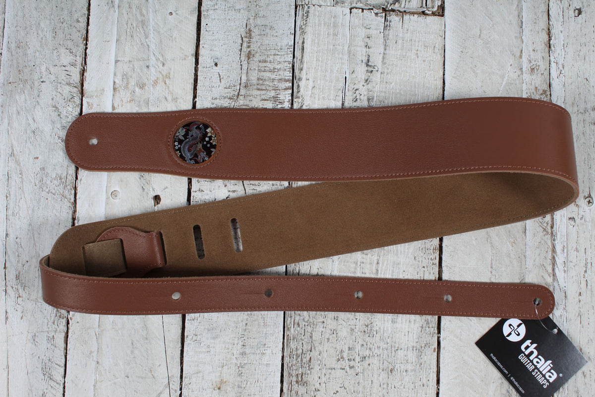 Thalia TH-SBRLD-HK-DISC 2.5 Inch Premium Brown Leather Strap with Hawaiian Koa Lucky Dragon Inlay