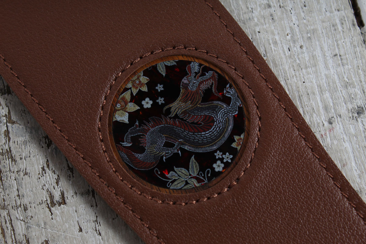Thalia TH-SBRLD-HK-DISC 2.5 Inch Premium Brown Leather Strap with Hawaiian Koa Lucky Dragon Inlay