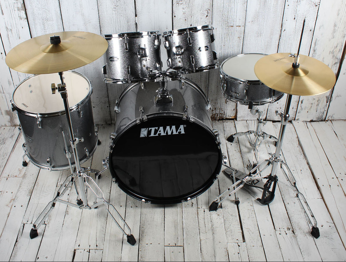 Tama ST52H5CCSS Stagestar 5 Piece Complete Drum Set with Stands and Throne Cosmic Silver Sparkle