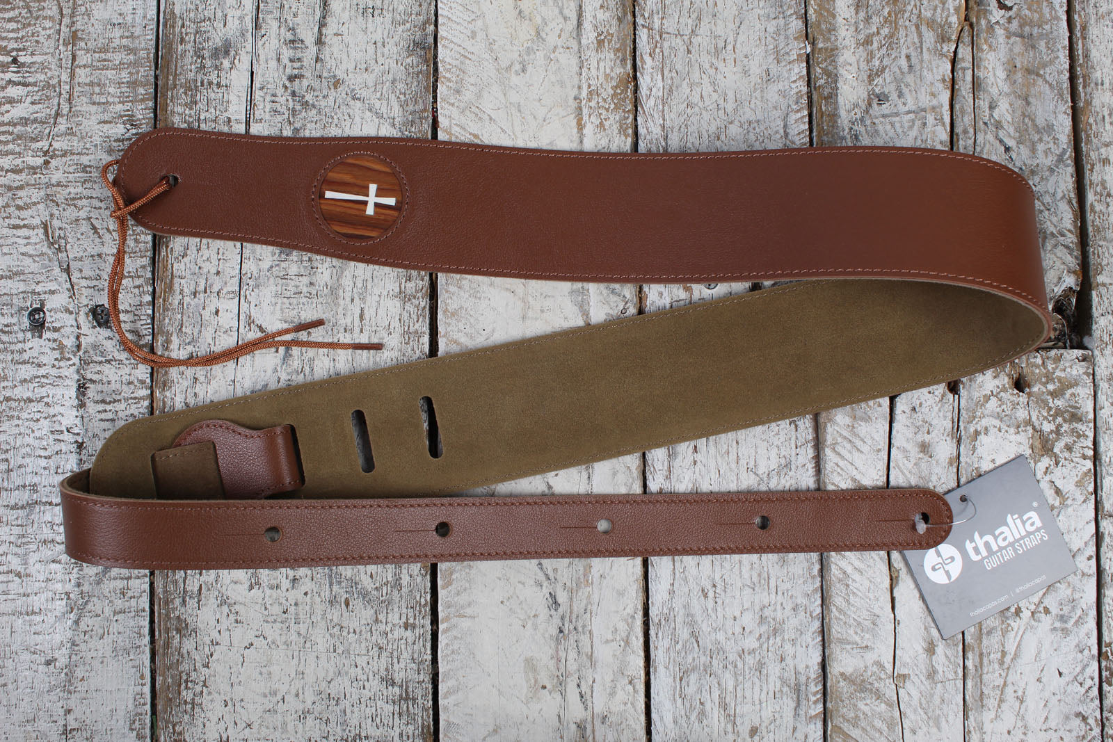 Thalia Brown Leather Strap with Mother of Pearl Cross Inlay
