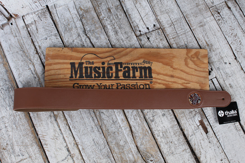 Thalia Brown Leather Guitar Strap with Lucky Dragon Inlay