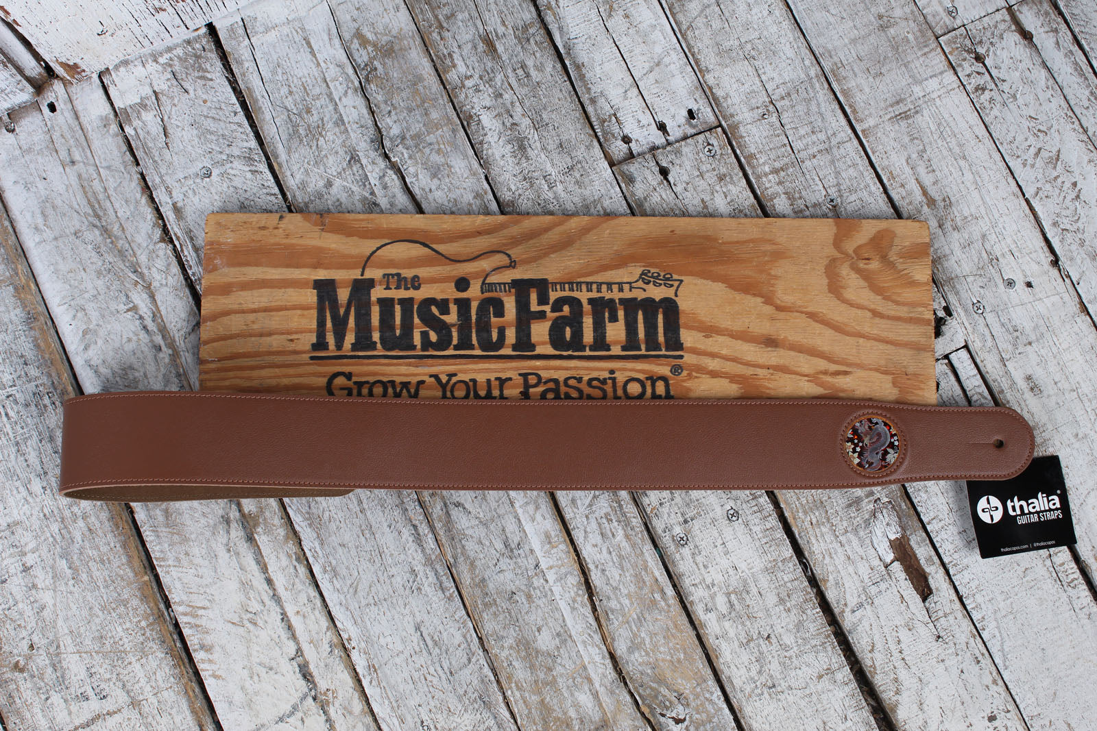 Thalia Brown Leather Guitar Strap with Lucky Dragon Inlay