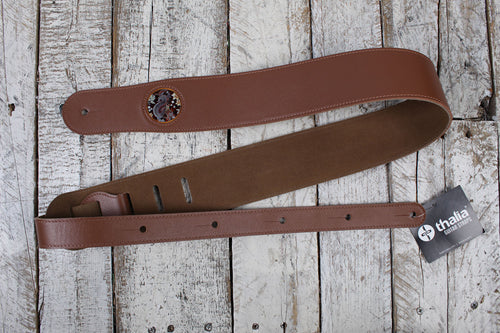 Thalia Brown Leather Guitar Strap with Lucky Dragon Inlay