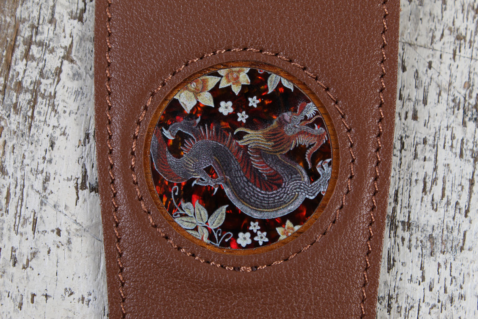 Thalia Brown Leather Guitar Strap with Lucky Dragon Inlay