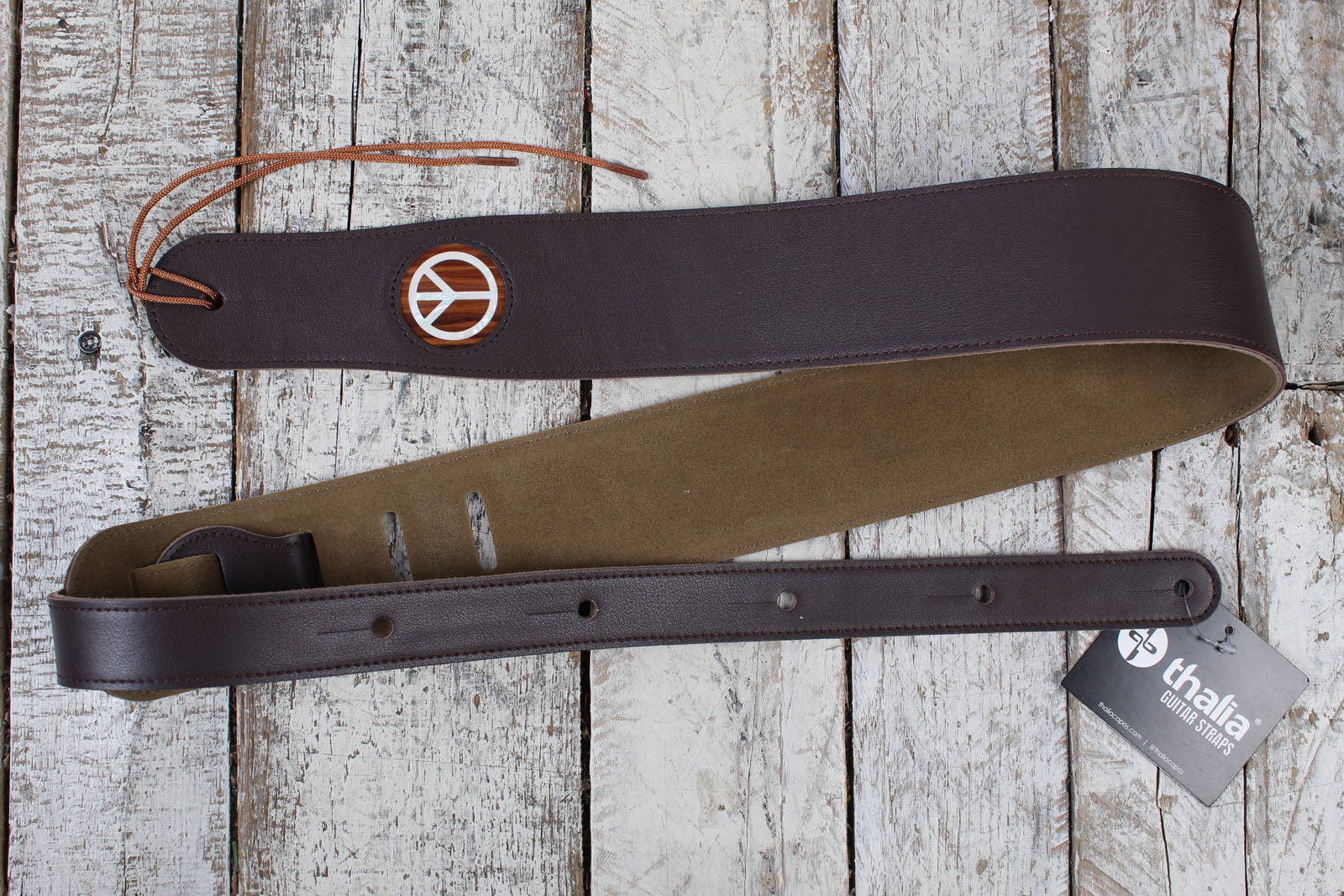 Thalia Dark Chocolate Guitar Leather Guitar Strap wtih AAA Curly Koa and Pearl Peace Sign Inlay Main image