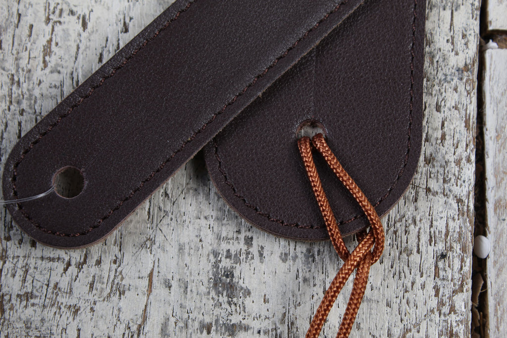Thalia Dark Chocolate Guitar Leather Guitar Strap wtih AAA Curly Koa and Pearl Peace Sign Inlay