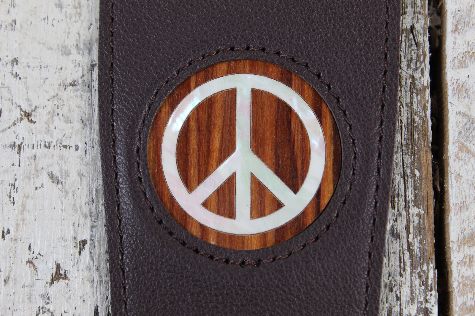 Thalia Dark Chocolate Guitar Leather Guitar Strap wtih AAA Curly Koa and Pearl Peace Sign Inlay