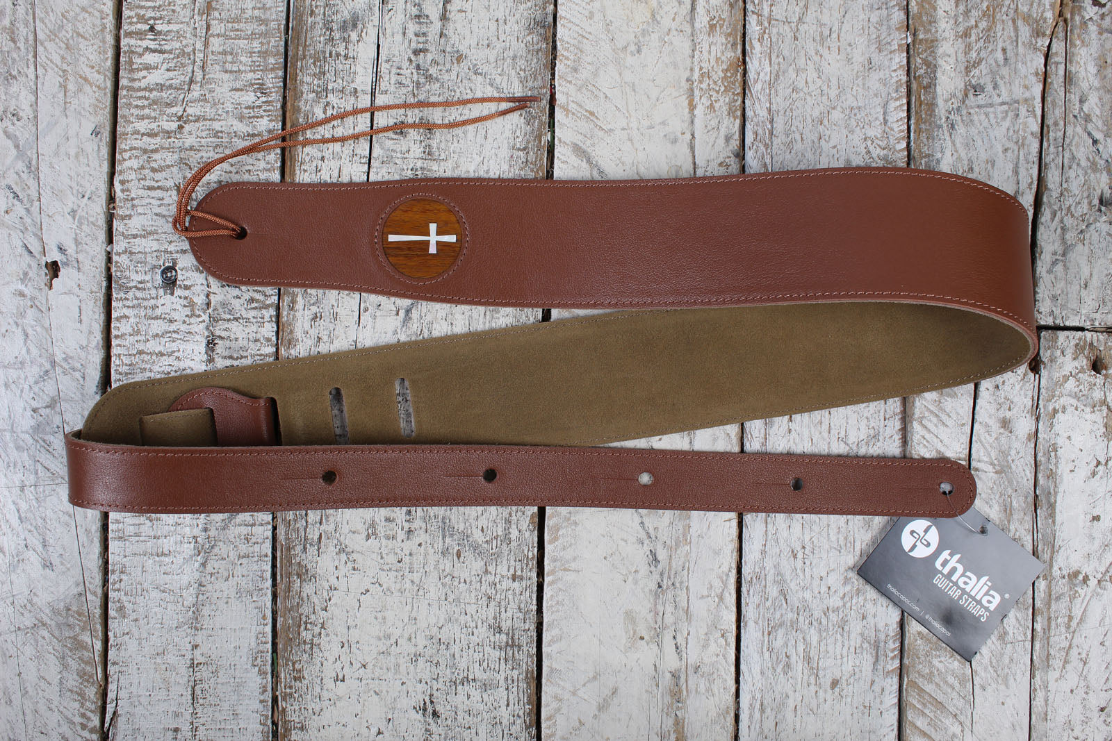 Thalia Brown Leather Guitar Strap with AAA Koa and Mother of Pearl Cross Inlay Main image