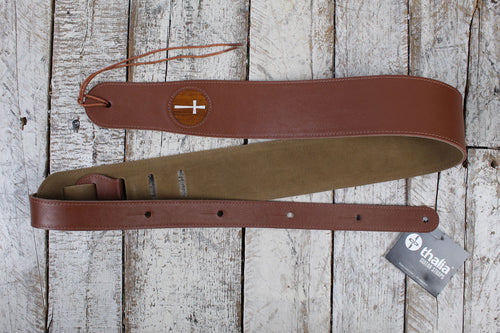 Thalia Brown Leather Guitar Strap with AAA Koa and Mother of Pearl Cross Inlay