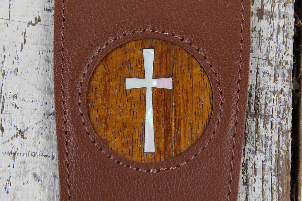 Thalia Brown Leather Guitar Strap with AAA Koa and Mother of Pearl Cross Inlay
