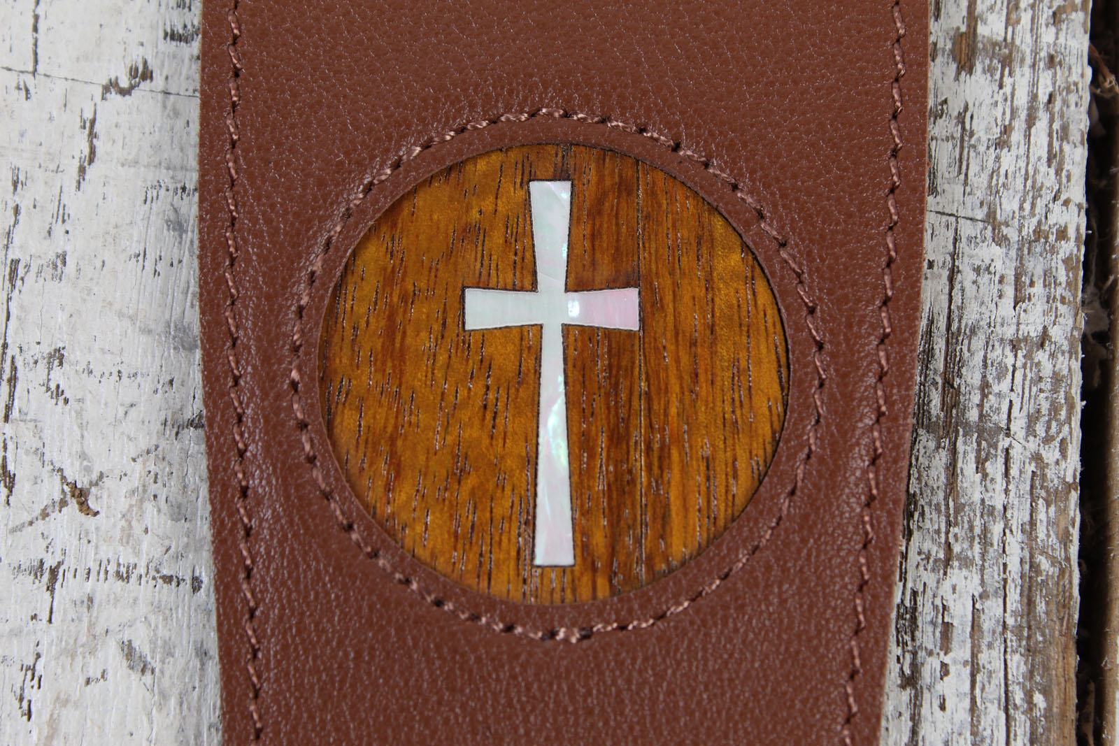Thalia Brown Leather Guitar Strap with AAA Koa and Mother of Pearl Cross Inlay