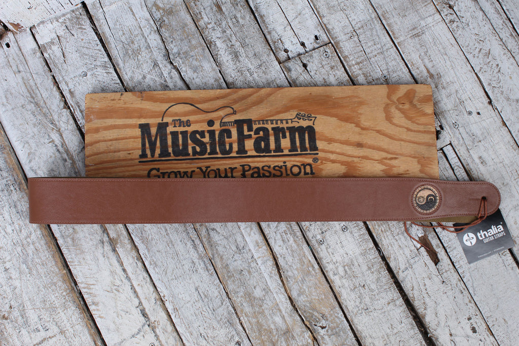 Thalia Brown Leather Guitar Strap with Santos Rosewood Ying Yang Engraving