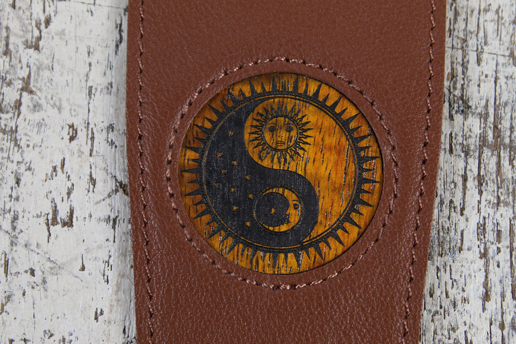 Thalia Brown Leather Guitar Strap with Santos Rosewood Ying Yang Engraving