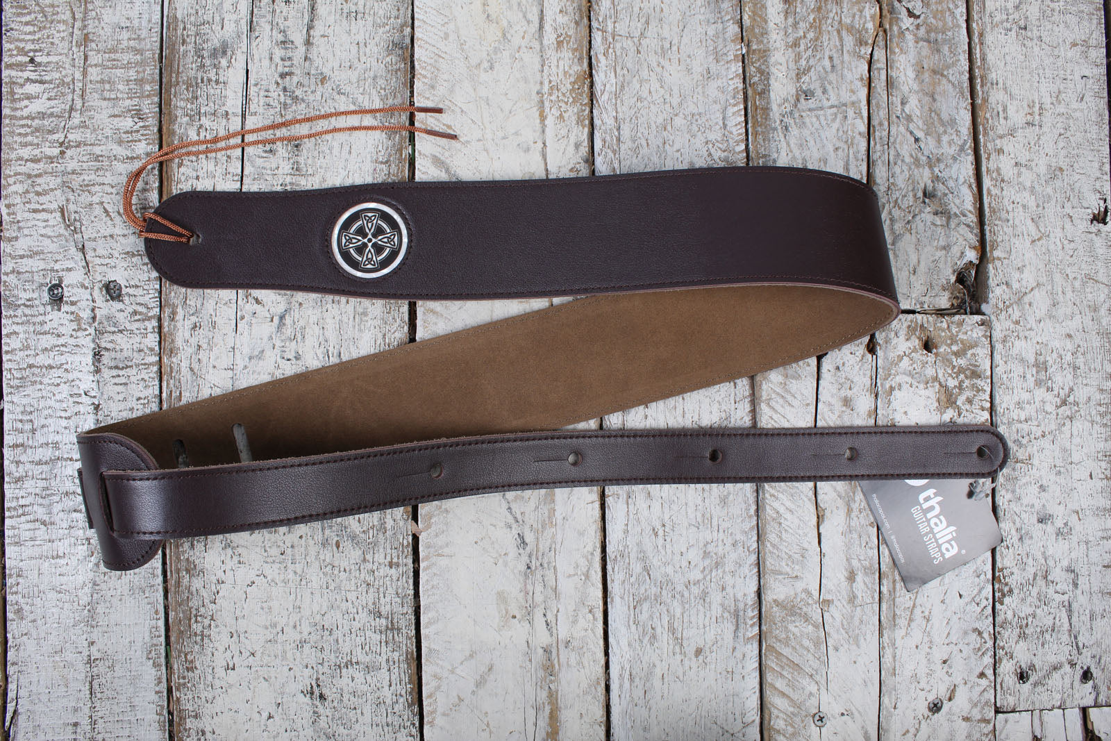 Thalia Dark Chocolate Leather Guitar Strap with Pearl Celtic Cross Main image