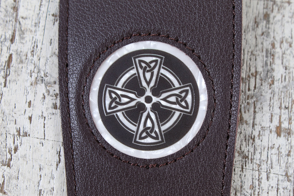 Thalia Dark Chocolate Leather Guitar Strap with Pearl Celtic Cross