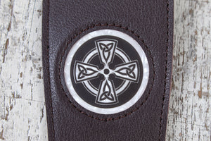 Thalia Dark Chocolate Leather Guitar Strap with Pearl Celtic Cross