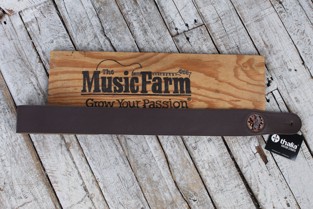 Thalia Dark Chocolate Leather Guitar Strap with Lucky Dragon Inlay