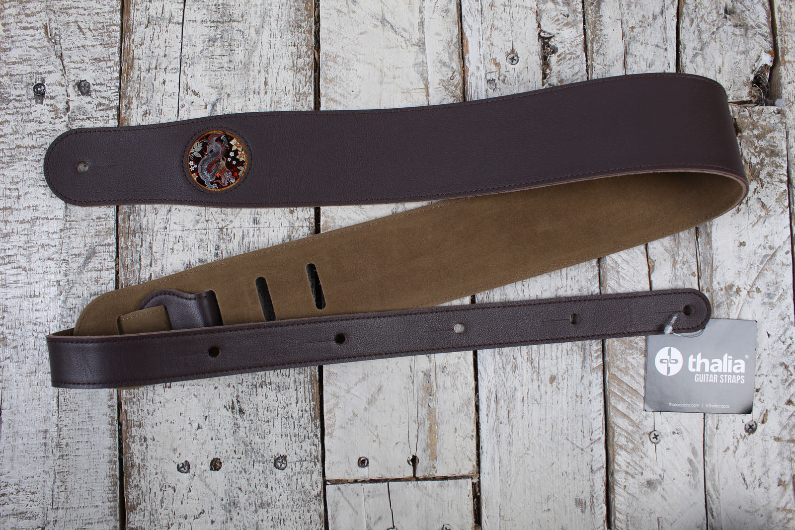 Thalia Dark Chocolate Leather Guitar Strap with Lucky Dragon Inlay Main image