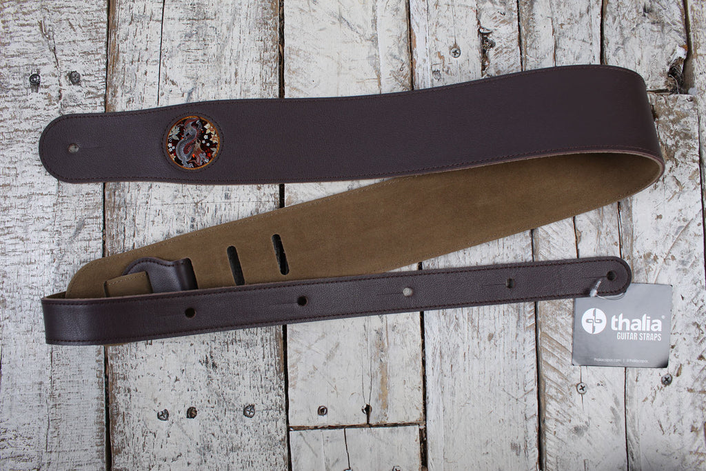 Thalia Dark Chocolate Leather Guitar Strap with Lucky Dragon Inlay