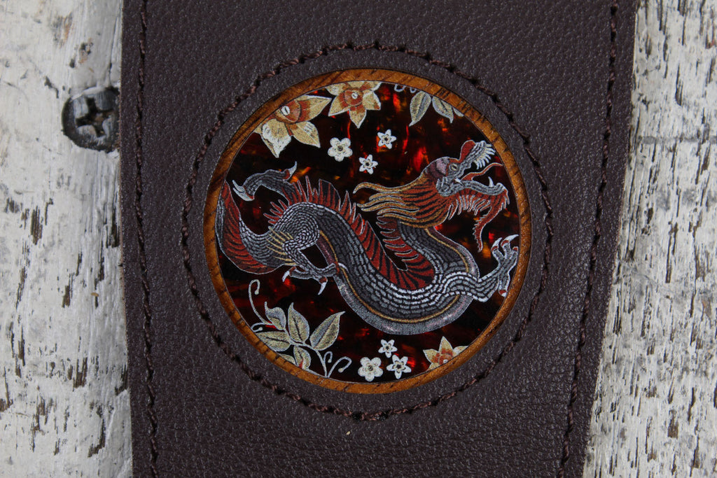 Thalia Dark Chocolate Leather Guitar Strap with Lucky Dragon Inlay