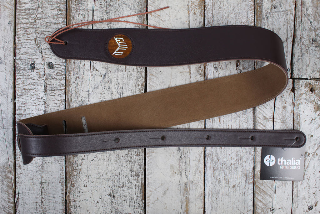 Thalia Guild Dark Chocolate Leather Guitar Strap with AAA Curly Koa and Pearl