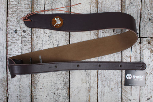 Thalia Guild Dark Chocolate Leather Guitar Strap with AAA Curly Koa and Pearl