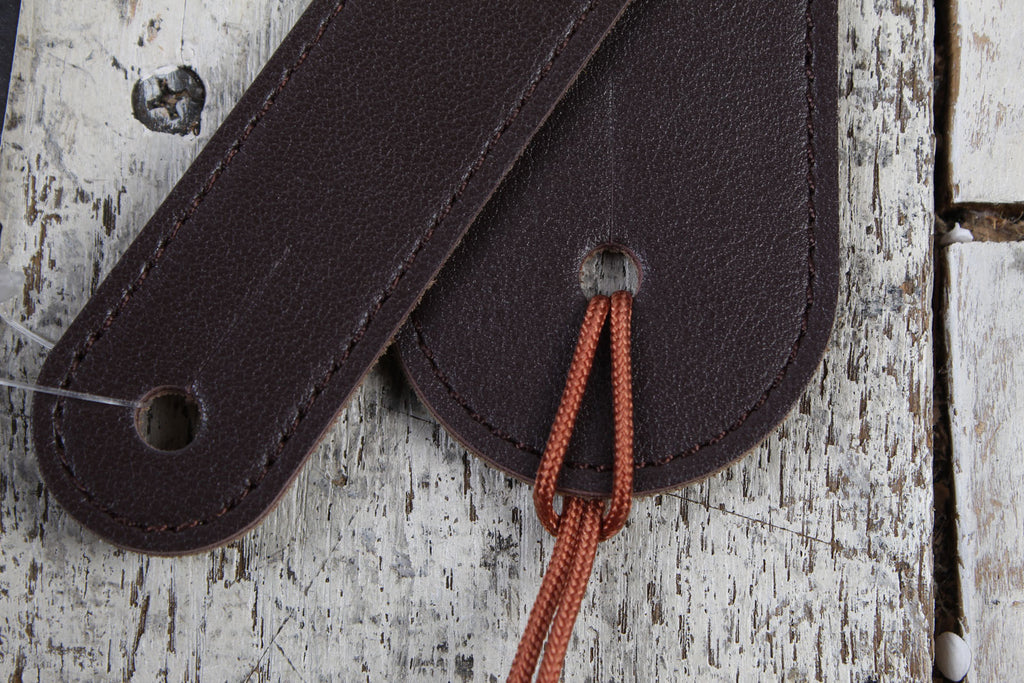 Thalia Guild Dark Chocolate Leather Guitar Strap with AAA Curly Koa and Pearl