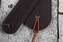 Load image into Gallery viewer, Thalia Guild Dark Chocolate Leather Guitar Strap with AAA Curly Koa and Pearl