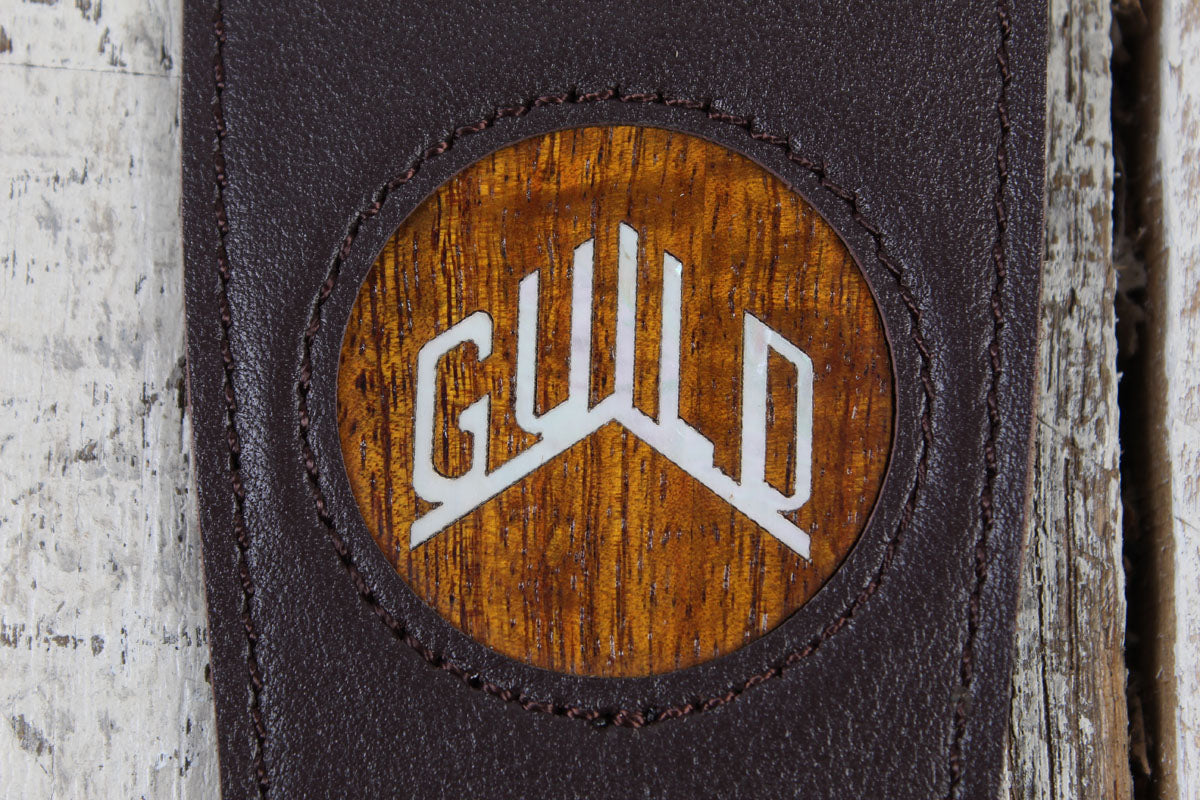 Thalia Guild Dark Chocolate Leather Guitar Strap with AAA Curly Koa and Pearl