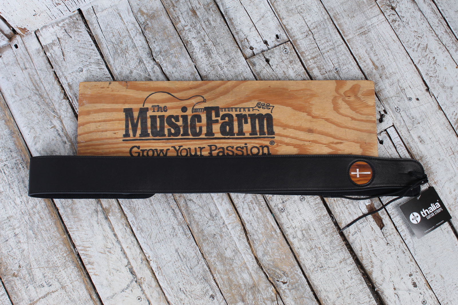 Thalia Black Leather Guitar Strap with Santos Rosewood and Mother of Pearl Cross Inlay