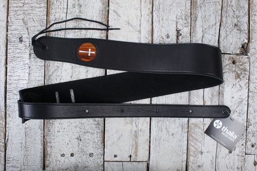 Thalia Black Leather Guitar Strap with Santos Rosewood and Mother of Pearl Cross Inlay