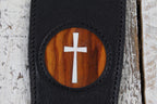 Thalia Black Leather Guitar Strap with Santos Rosewood and Mother of Pearl Cross Inlay